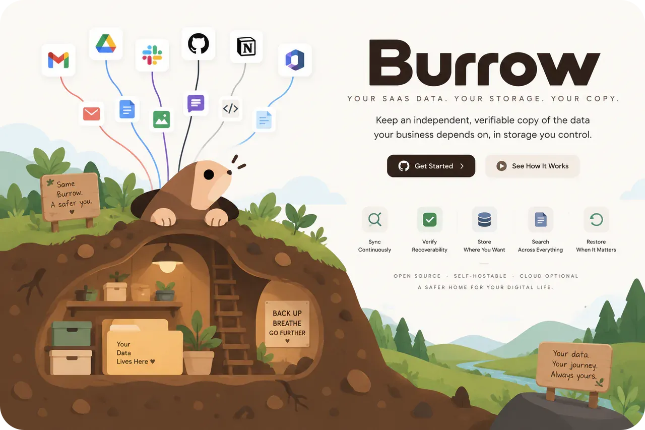 burrow’s mole pulling mail, docs, chat and code into a burrow you control
